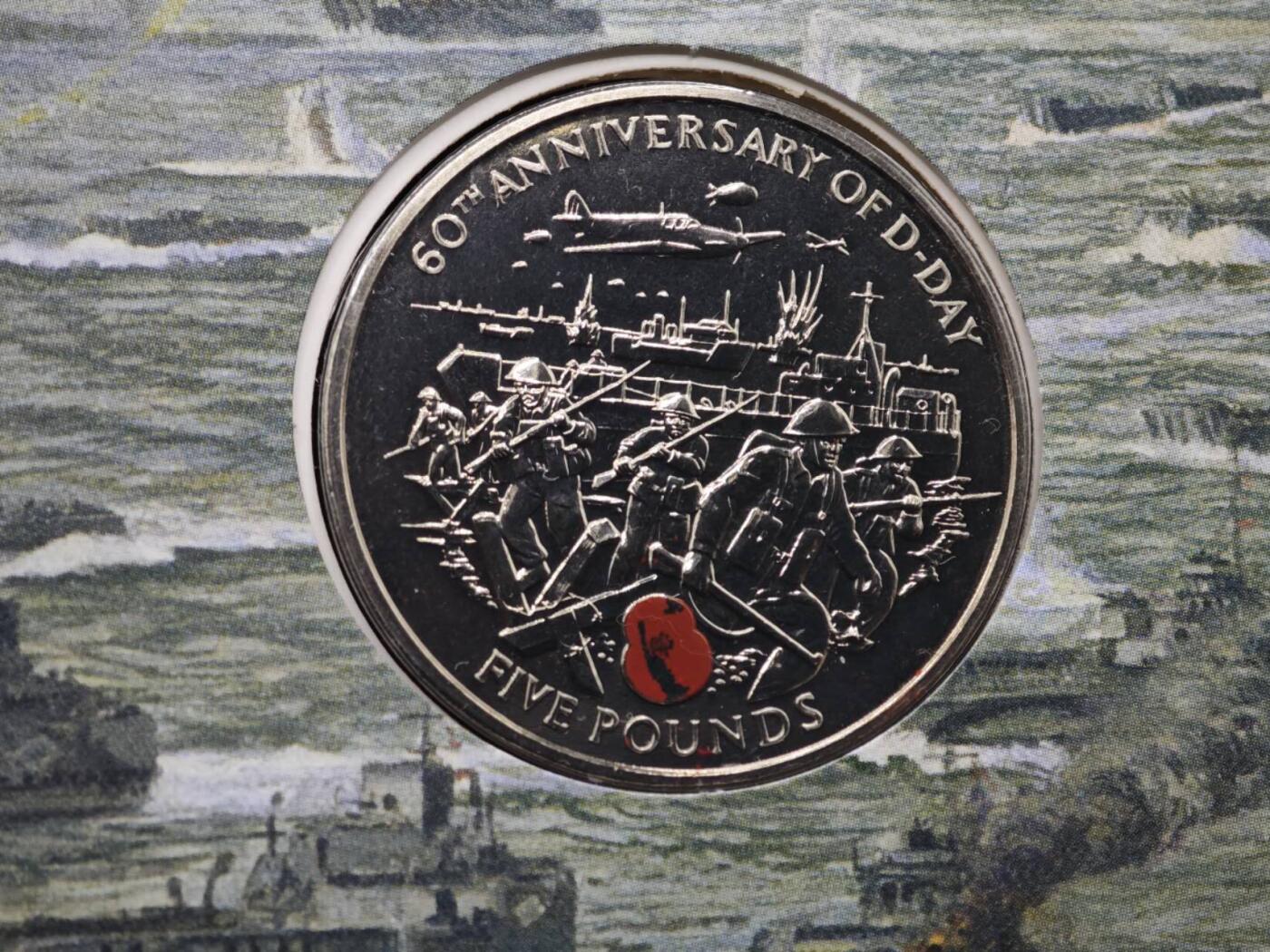 【淘币小摊】限时拍第八百六十二拍  克朗币邮币封场  满百包邮可预留两周  周一统一发货  根西2004年诺曼底登陆60周年5镑纪念币邮币封