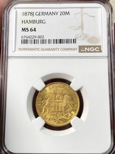 万国钱币拍卖第060期（万国六十期纪念大拍） - NGC MS64 1878德国汉堡自由市流通短翅20马克金币 经典汉堡短翅金马克 最大面值 全深打金光灿灿 顶级收藏品质 7.96g 900金