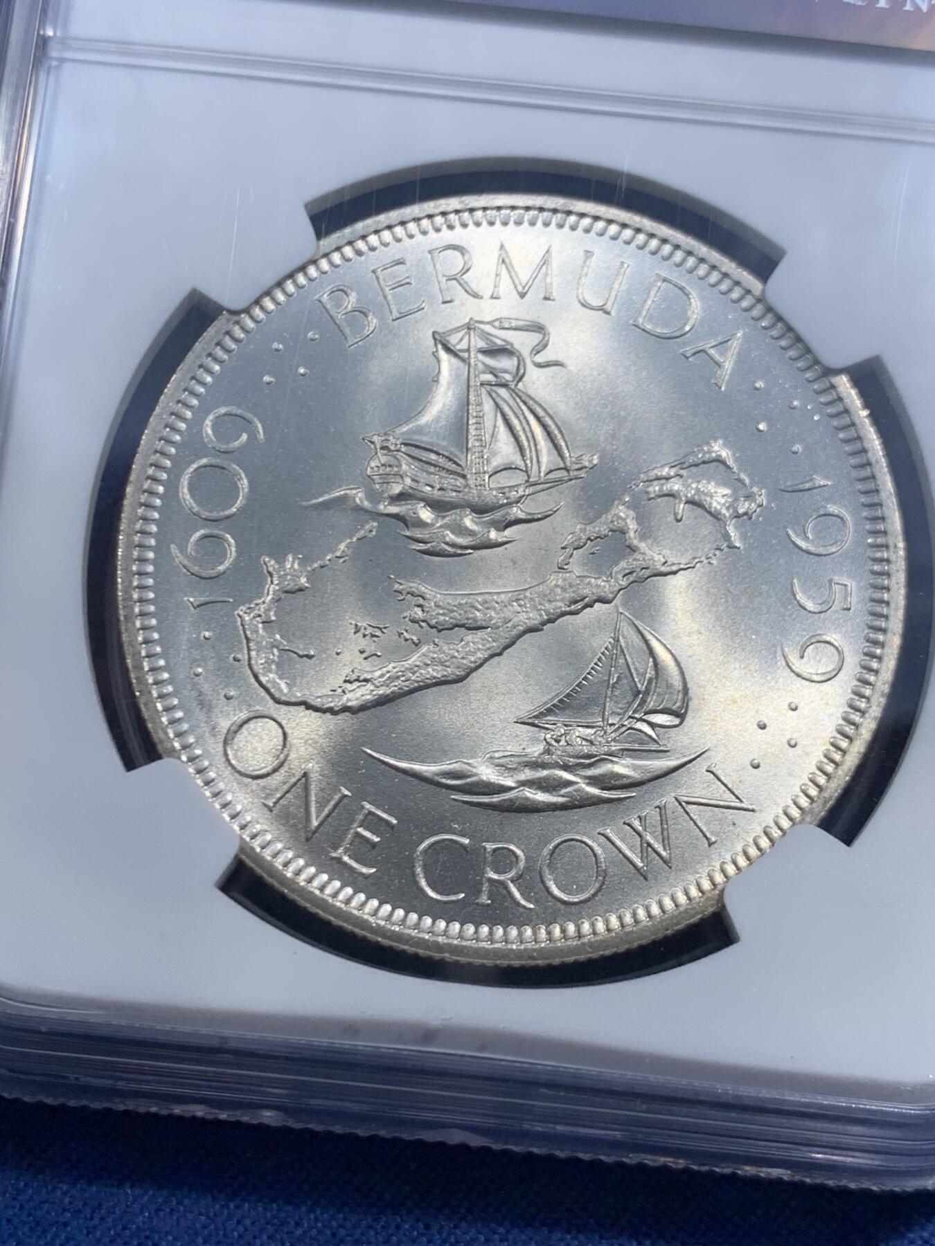 《竞宝斋》第463-465场 周日，周一，周二，3场连拍 （全场包邮）欢迎送拍 NGC MS66 英属百慕大1959年伊丽莎白二世1克朗大银币