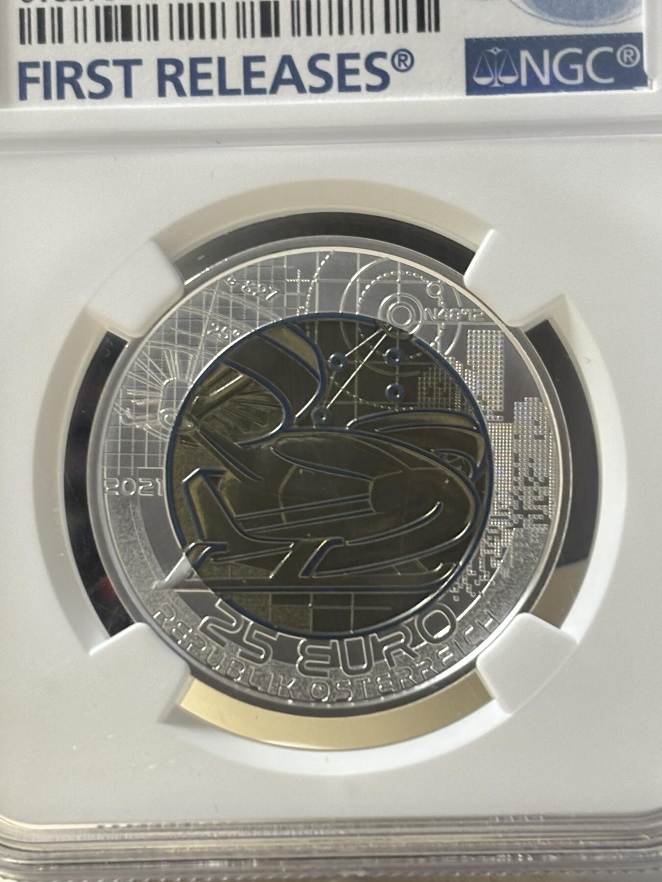 第190期拍卖 奥地利2021银铌双金属系列智能交通银币NGC-MS70首，900银/998铌，重量:9/6.5克发行：65000枚