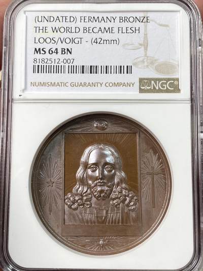 万国钱币拍卖第060期（万国六十期纪念大拍） - NGC MS64 19世纪德国宗教铜章 其典故出自《约翰福音》1章14节：“道成了肉身，住在我们中间”意指三位一体中的圣子以人的形态降世为耶稣基督 Loos与Voigt强强联合之作 高浮雕顶级品相