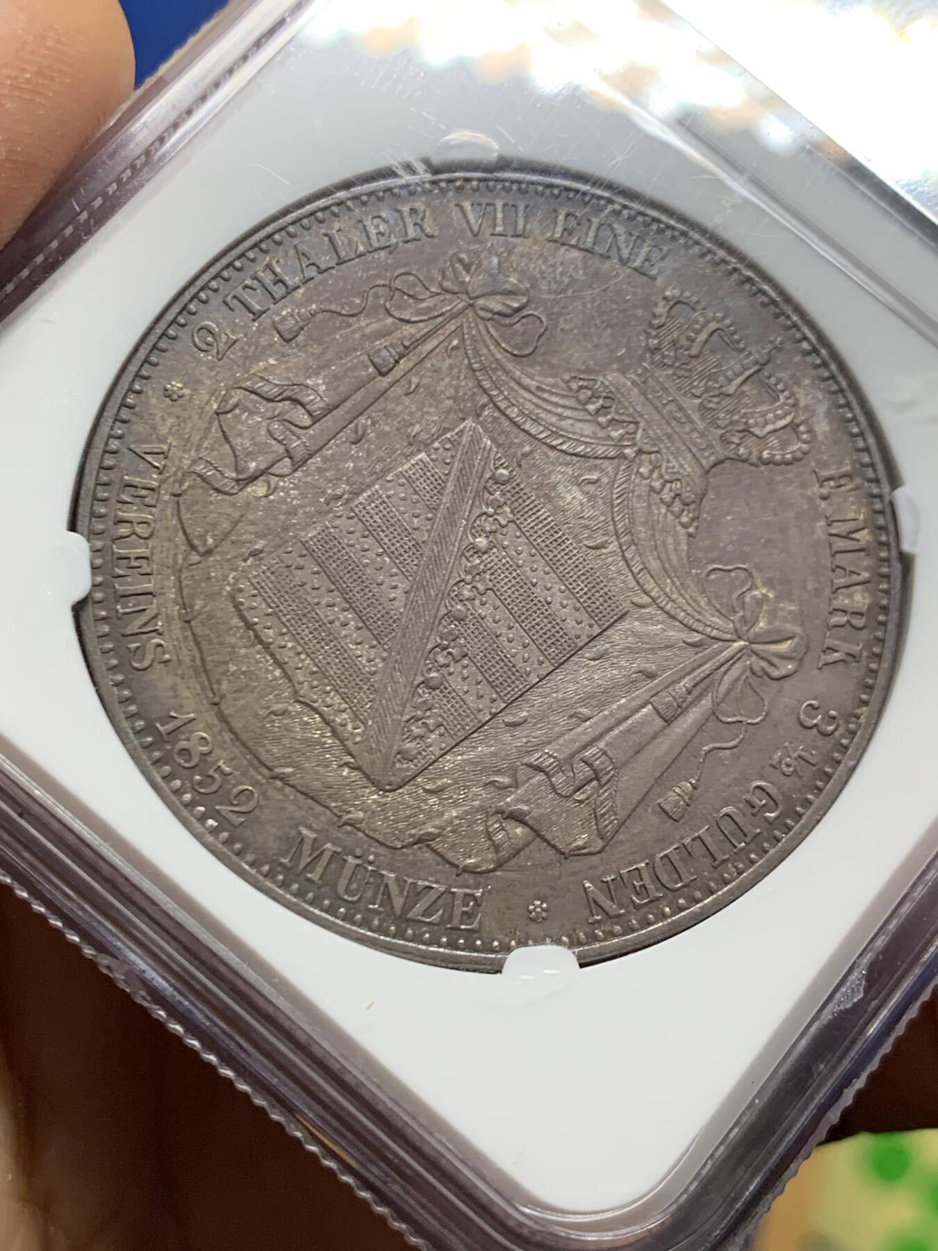 《竞宝斋》第463-465场 周日，周一，周二，3场连拍 （全场包邮）欢迎送拍 NGC MS62 德国 1852年 萨克森-阿尔滕堡公国 2泰勒大37克的大银币 发行仅9400枚 不可多得的藏品