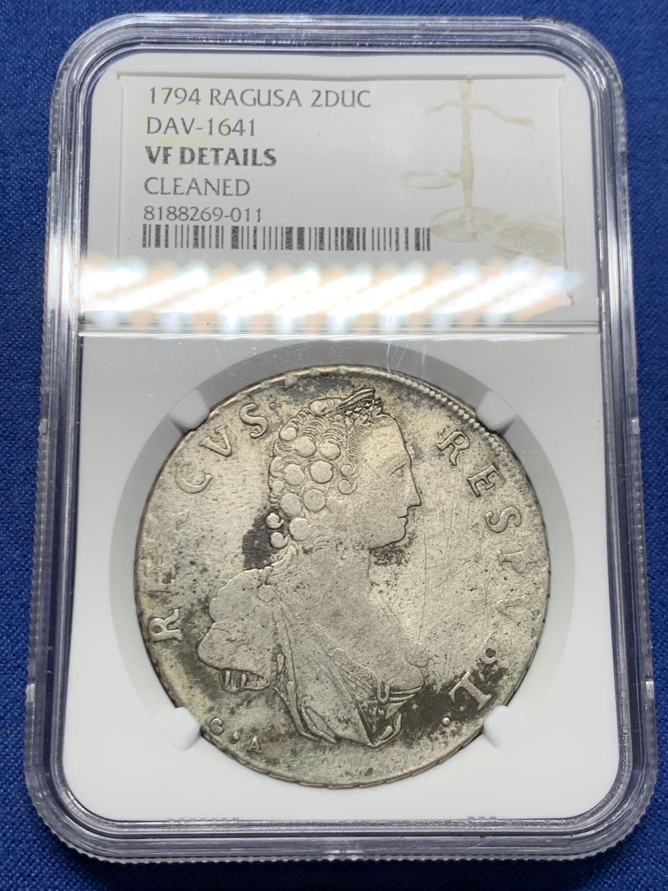 《竞宝斋》第463-465场 周日，周一，周二，3场连拍 （全场包邮）欢迎送拍 NGC VFD 拉古萨共和国 1794年 2杜卡特 银币 奥地利统治时期发行 不是常见的执政官头像 极为稀少的特蕾莎女王版 传世老包浆 细节尚可