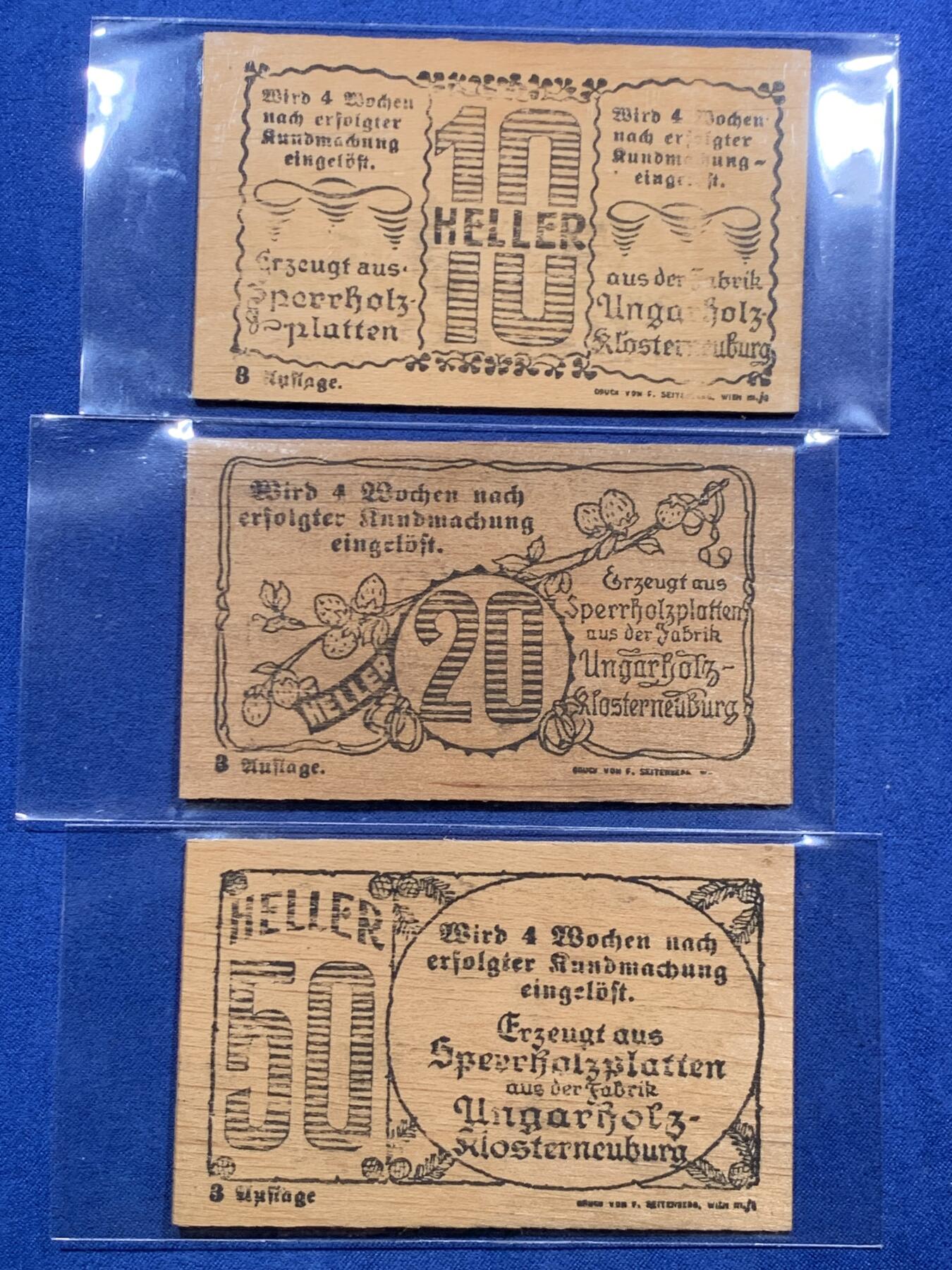 《竞宝斋》第463-465场 周日，周一，周二，3场连拍 （全场包邮）欢迎送拍 奥地利Hadersfeld哈德斯菲尔德，1920年10-20-50赫勒 木质紧急状态币 比较淡雅的为多字版，成套不易。年代久远，木头不易保存，如此品相的依然难得一见