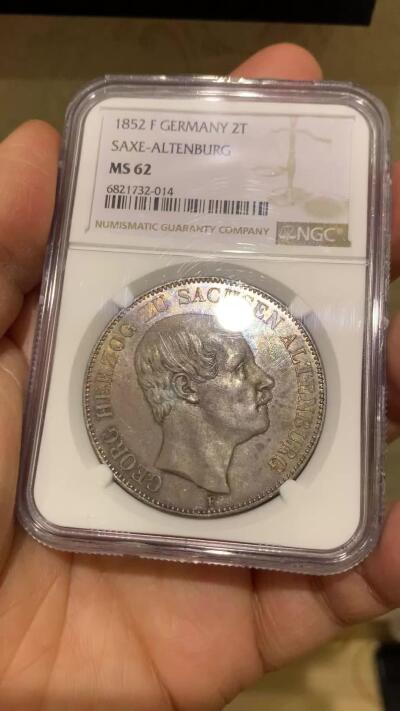 《竞宝斋》第463-465场 周日，周一，周二，3场连拍 （全场包邮）欢迎送拍 NGC MS62 德国 1852年 萨克森-阿尔滕堡公国 2泰勒大37克的大银币 发行仅9400枚 不可多得的藏品
