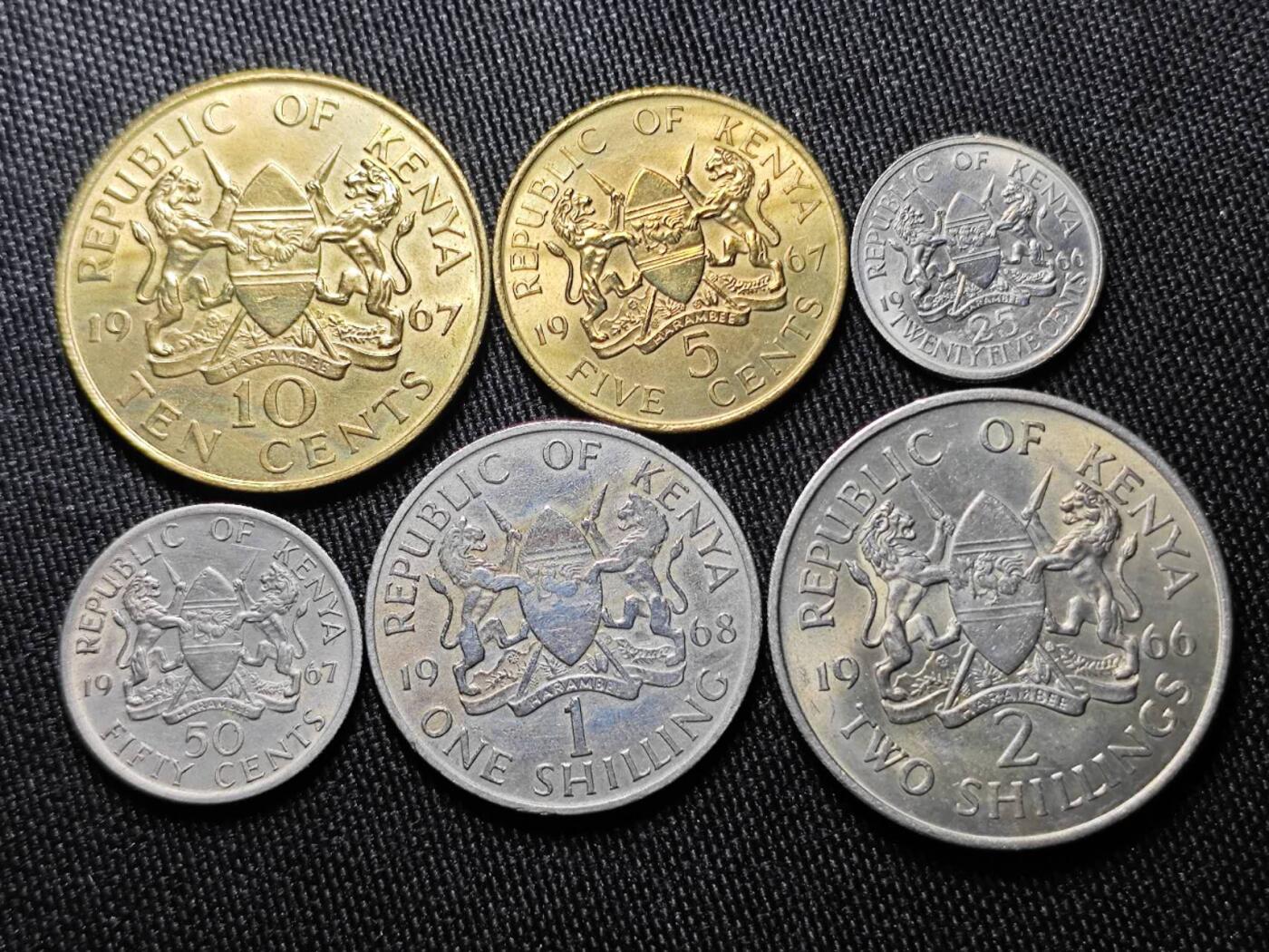 KK钱币收藏小铺  第398期 百期特拍（四拍之二） 2月预留时间 周末发货  1966-1968肯尼亚开国第一版头像无字版大小面值一套 含好品！