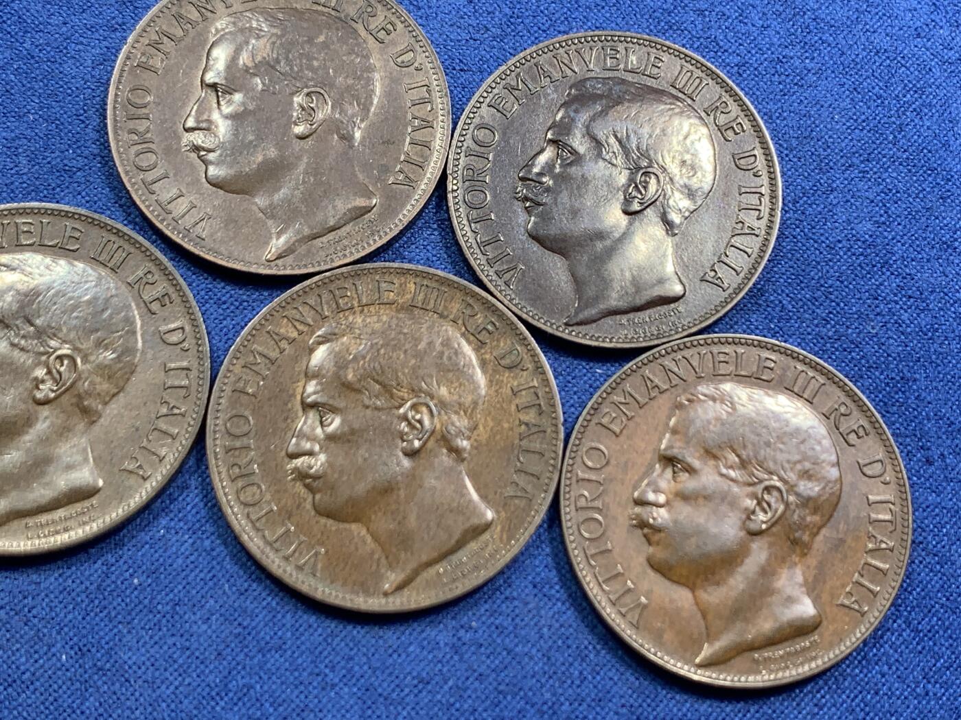 《竞宝斋》第463-465场 周日，周一，周二，3场连拍 （全场包邮）欢迎送拍 五枚一组 好品 意大利1911年10分铜币