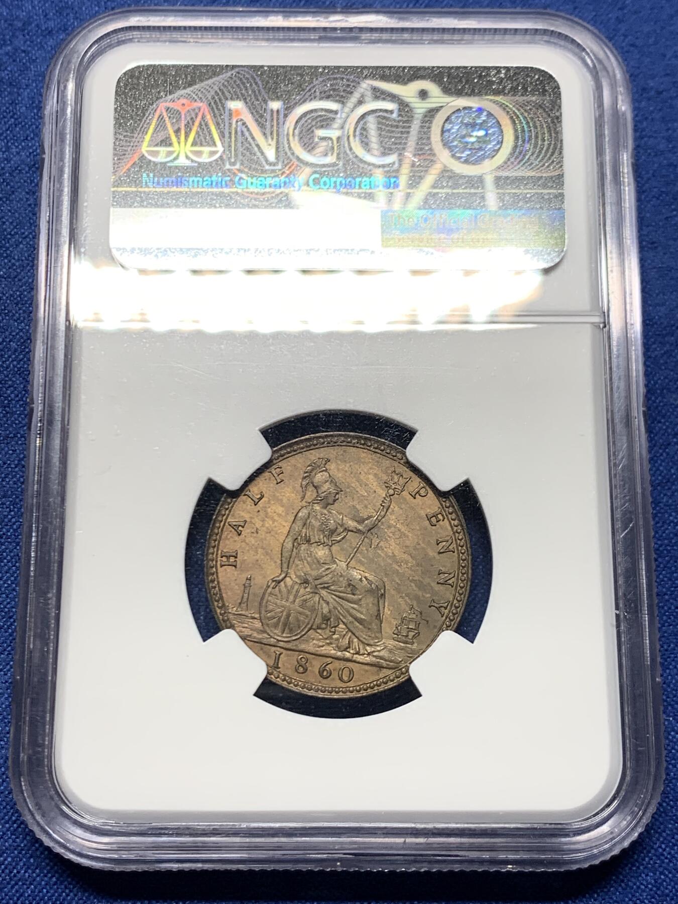 《竞宝斋》第463-465场 周日，周一，周二，3场连拍 （全场包邮）欢迎送拍 NGC MS63RB 英国1860年维多利亚1/2便士，女神肖像还是美女的版别，包浆增添了大海上的风暴感