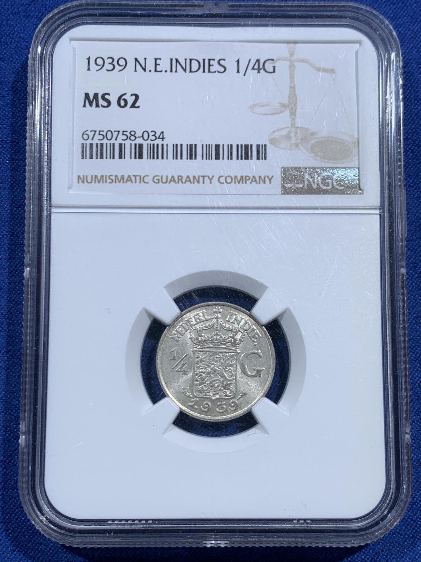 《竞宝斋》第463-465场 周日，周一，周二，3场连拍 （全场包邮）欢迎送拍 NGC MS62 荷属东印度1939年1/4盾银币 威廉明娜女王在位时期发行