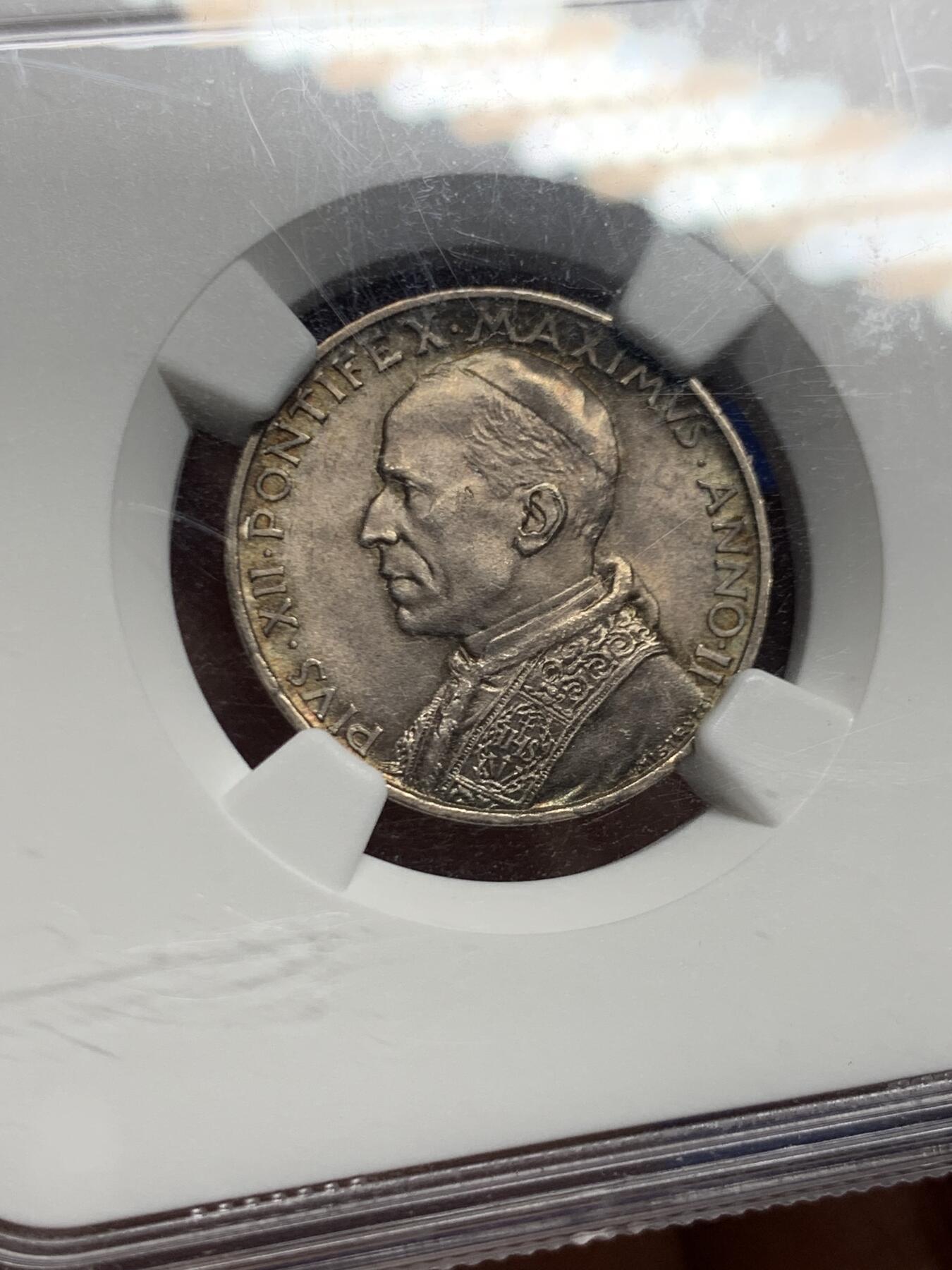 《竞宝斋》第463-465场 周日，周一，周二，3场连拍 （全场包邮）欢迎送拍 NGC MS64 梵蒂冈1940年5里拉银币 双面均匀深彩包浆很好看