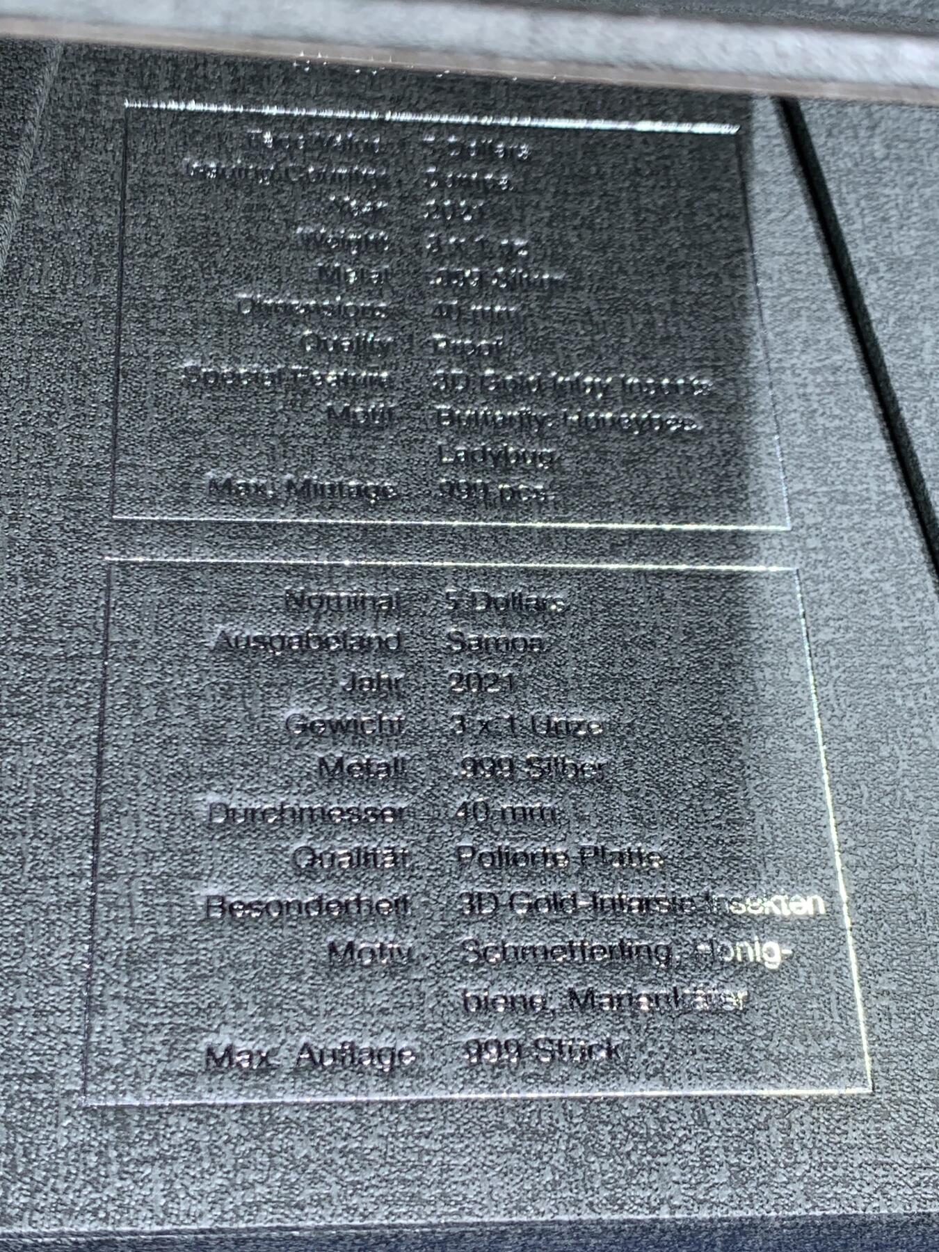 《竞宝斋》第463-465场 周日，周一，周二，3场连拍 （全场包邮）欢迎送拍 萨摩亚2021年5元X3套装精制银币 镀金昆虫-蝴蝶/蜜蜂/瓢虫 3盎司带3D镀金模型（蝴蝶坏了） 发行量：999 盒证全（证在盒子支撑后面）