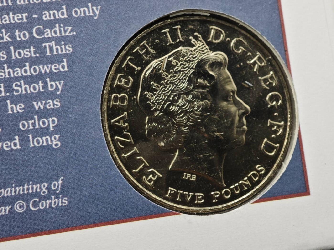 【淘币小摊】限时拍第八百六十二拍  克朗币邮币封场  满百包邮可预留两周  周一统一发货  英国2005年特拉法加海战200周年5镑纪念币邮币封