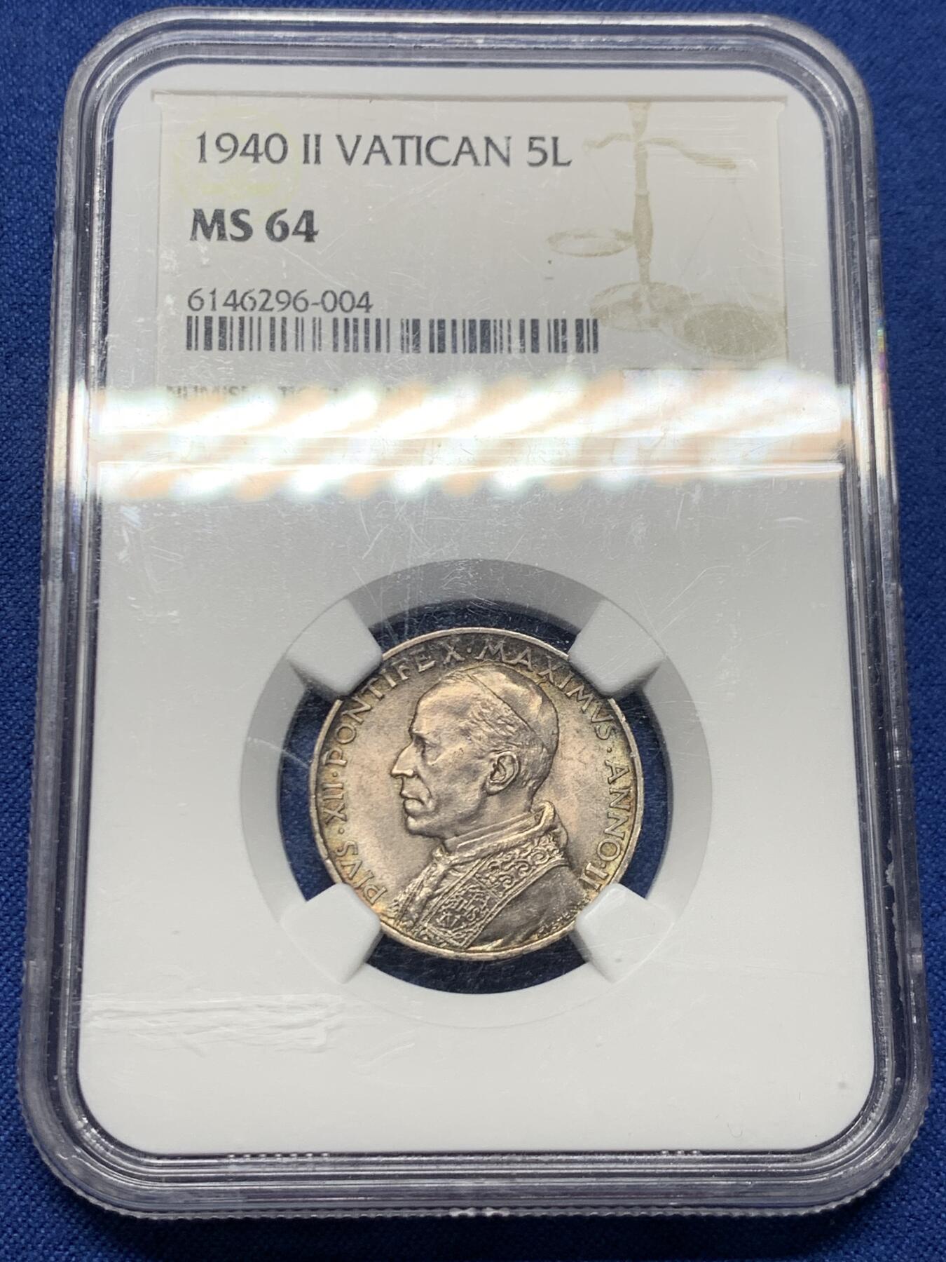 《竞宝斋》第463-465场 周日，周一，周二，3场连拍 （全场包邮）欢迎送拍 NGC MS64 梵蒂冈1940年5里拉银币 双面均匀深彩包浆很好看