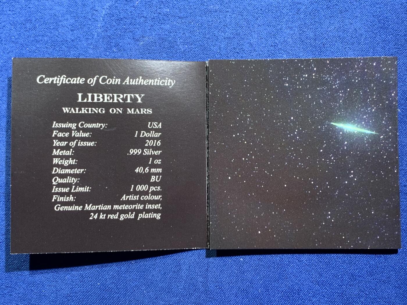 《竞宝斋》第463-465场 周日，周一，周二，3场连拍 （全场包邮）欢迎送拍 美国2016年1美元普制彩色镀24K金银币 火星行走-自由女神（带0.2克陨石） 1盎司999银 发行量：1千 盒证全
