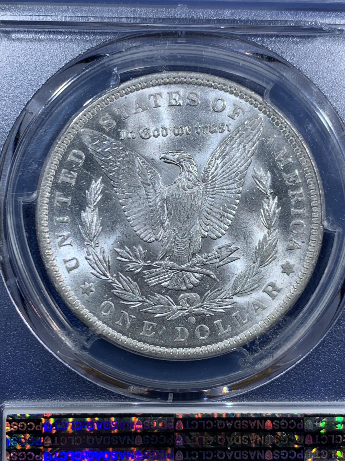 《竞宝斋》第463-465场 周日，周一，周二，3场连拍 （全场包邮）欢迎送拍 PCGS MS65+ 美国1884-O摩根银币 背面支撑有磕