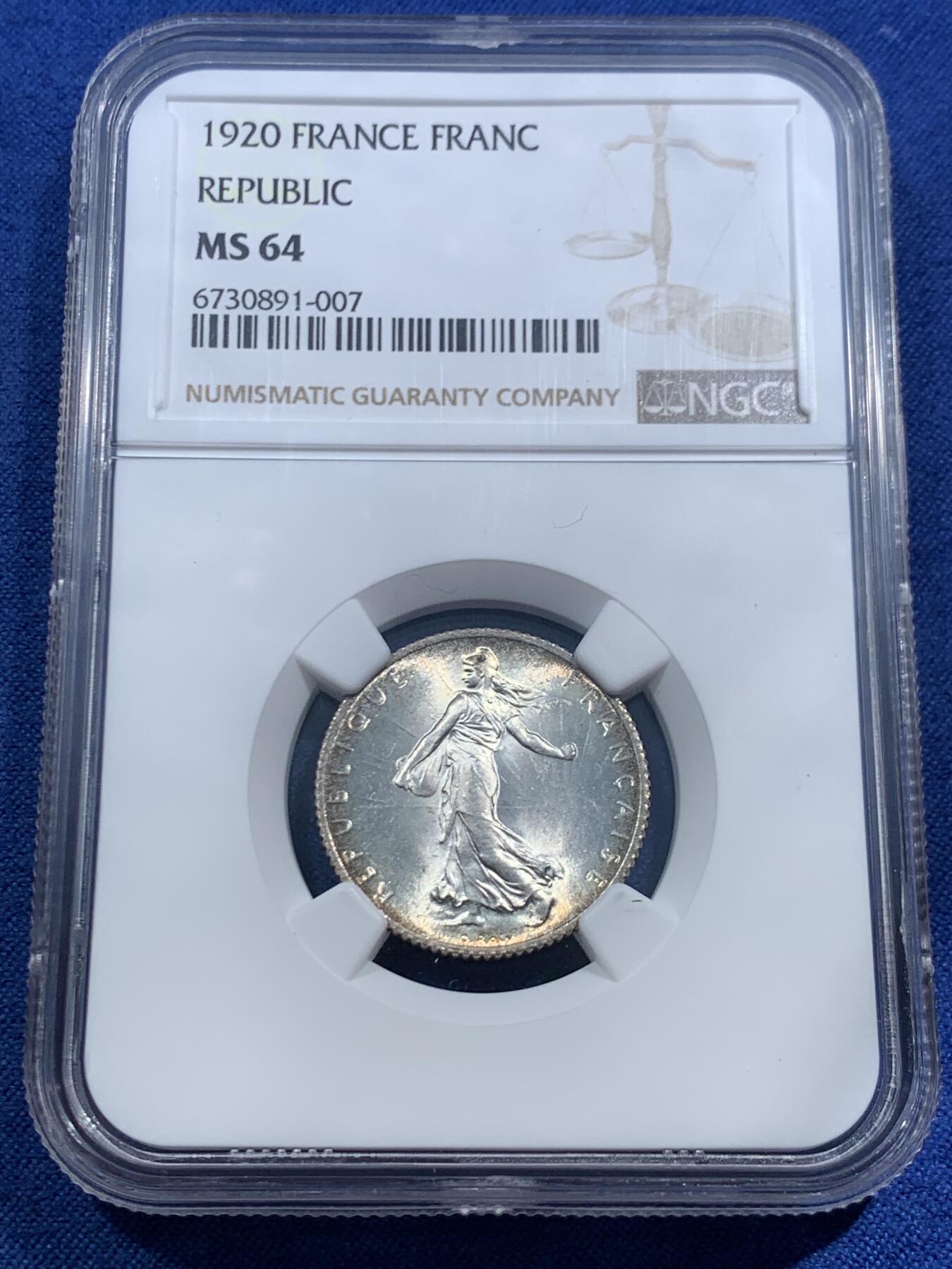 《竞宝斋》第463-465场 周日，周一，周二，3场连拍 （全场包邮）欢迎送拍 NGC MS64 法国1920年播种女神1法郎银币 经典设计 转光强烈