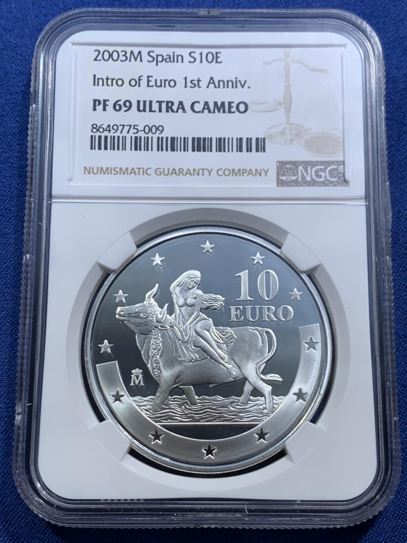 《竞宝斋》第463-465场 周日，周一，周二，3场连拍 （全场包邮）欢迎送拍 NGC PF69UC 西班牙2003年欧罗巴女神与公牛10欧精制纪念银币（27克重，925银，币径40MM，限量21 278枚）