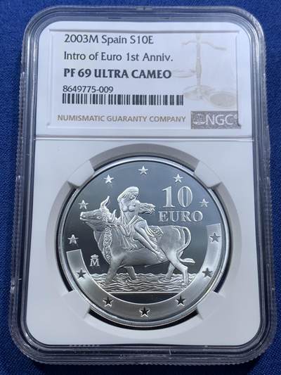 《竞宝斋》第463-465场 周日，周一，周二，3场连拍 （全场包邮）欢迎送拍 - NGC PF69UC 西班牙2003年欧罗巴女神与公牛10欧精制纪念银币（27克重，925银，币径40MM，限量21 278枚）