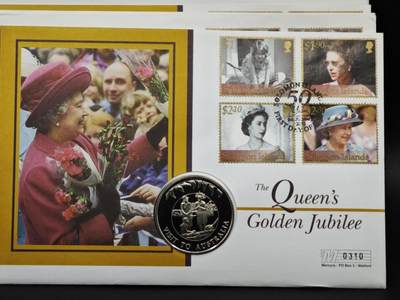 【淘币小摊】限时拍第八百六十二拍  克朗币邮币封场  满百包邮可预留两周  周一统一发货  - 福克兰群岛2002年女王登基金禧50便士纪念币邮币封