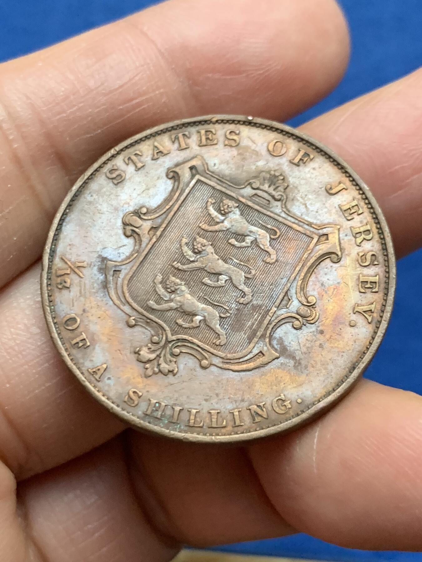 《竞宝斋》第463-465场 周日，周一，周二，3场连拍 （全场包邮）欢迎送拍 英属泽西1858年1/13先令大铜币 17.6克 少见品种