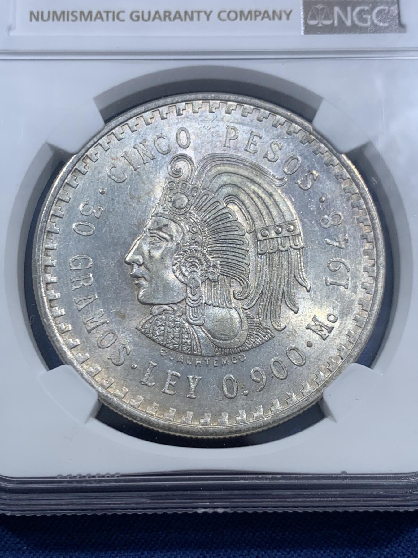 《竞宝斋》第463-465场 周日，周一，周二，3场连拍 （全场包邮）欢迎送拍 NGC MS62 墨西哥1948年玛雅酋长5比索大银币 30克 900银