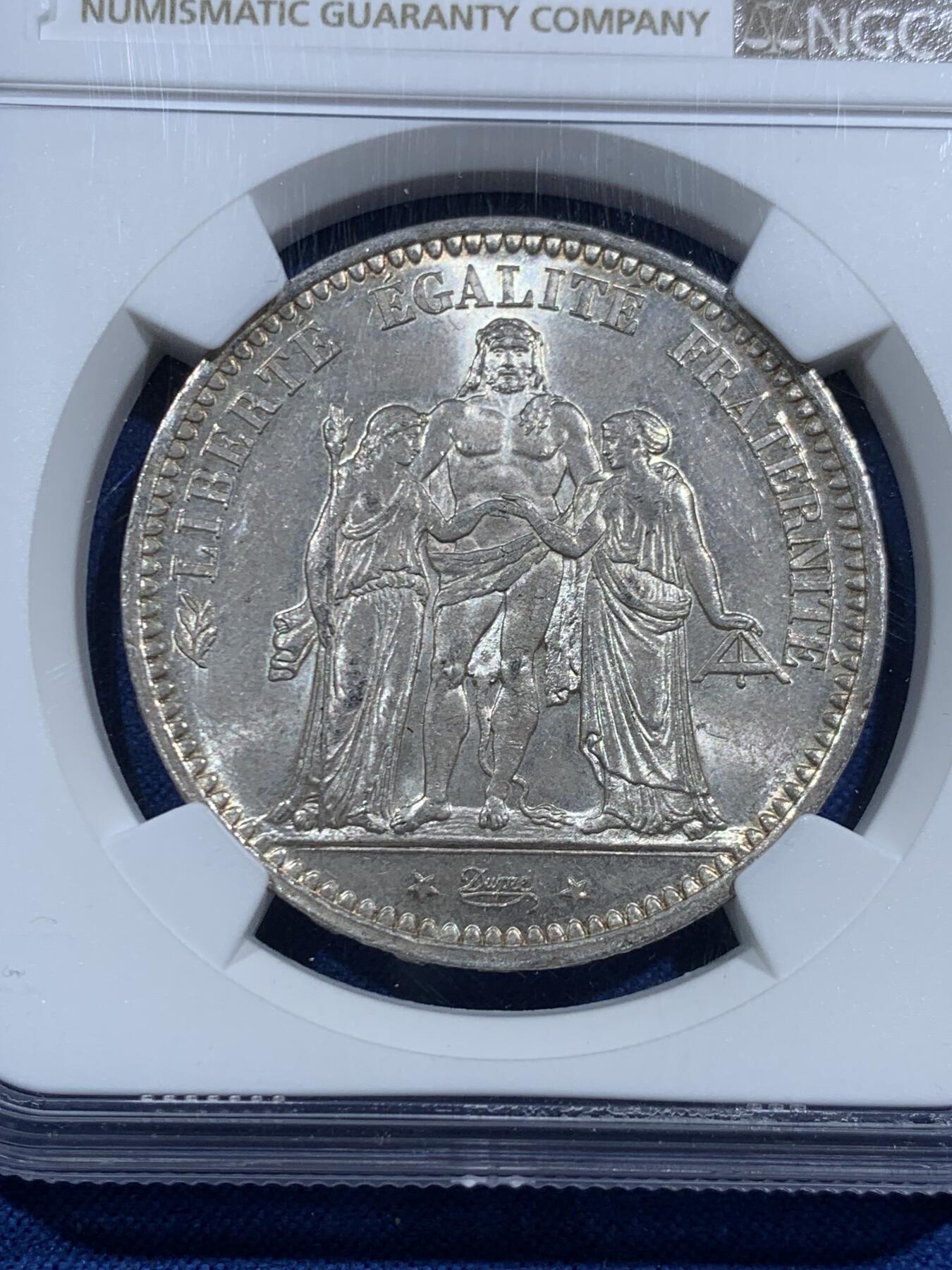 《竞宝斋》第463-465场 周日，周一，周二，3场连拍 （全场包邮）欢迎送拍 NGC MS64 法国1873大力神5法郎大银币，底板光度很好