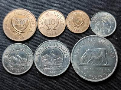 KK钱币收藏小铺  第398期 百期特拍（四拍之二） 2月预留时间 周末发货 -  乌干达1966大小面值清年一套+1968农粮纪念币5先令