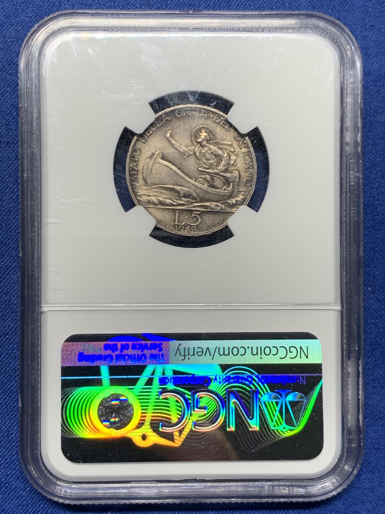 《竞宝斋》第463-465场 周日，周一，周二，3场连拍 （全场包邮）欢迎送拍 NGC MS64 梵蒂冈1940年5里拉银币 双面均匀深彩包浆很好看