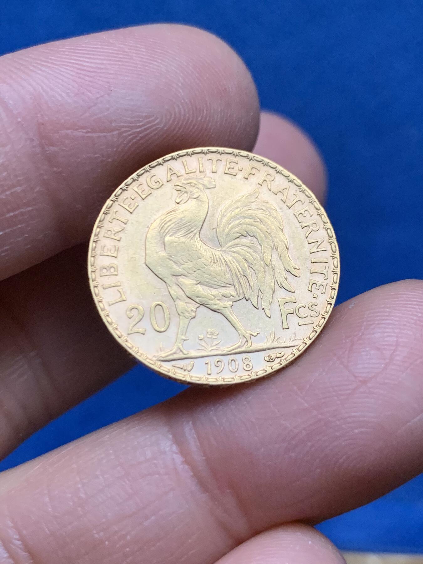 《竞宝斋》第463-465场 周日，周一，周二，3场连拍 （全场包邮）欢迎送拍 法国1908年“玛丽安娜女神/高卢鸡”20法郎金币，900金，6.45克，转光强烈