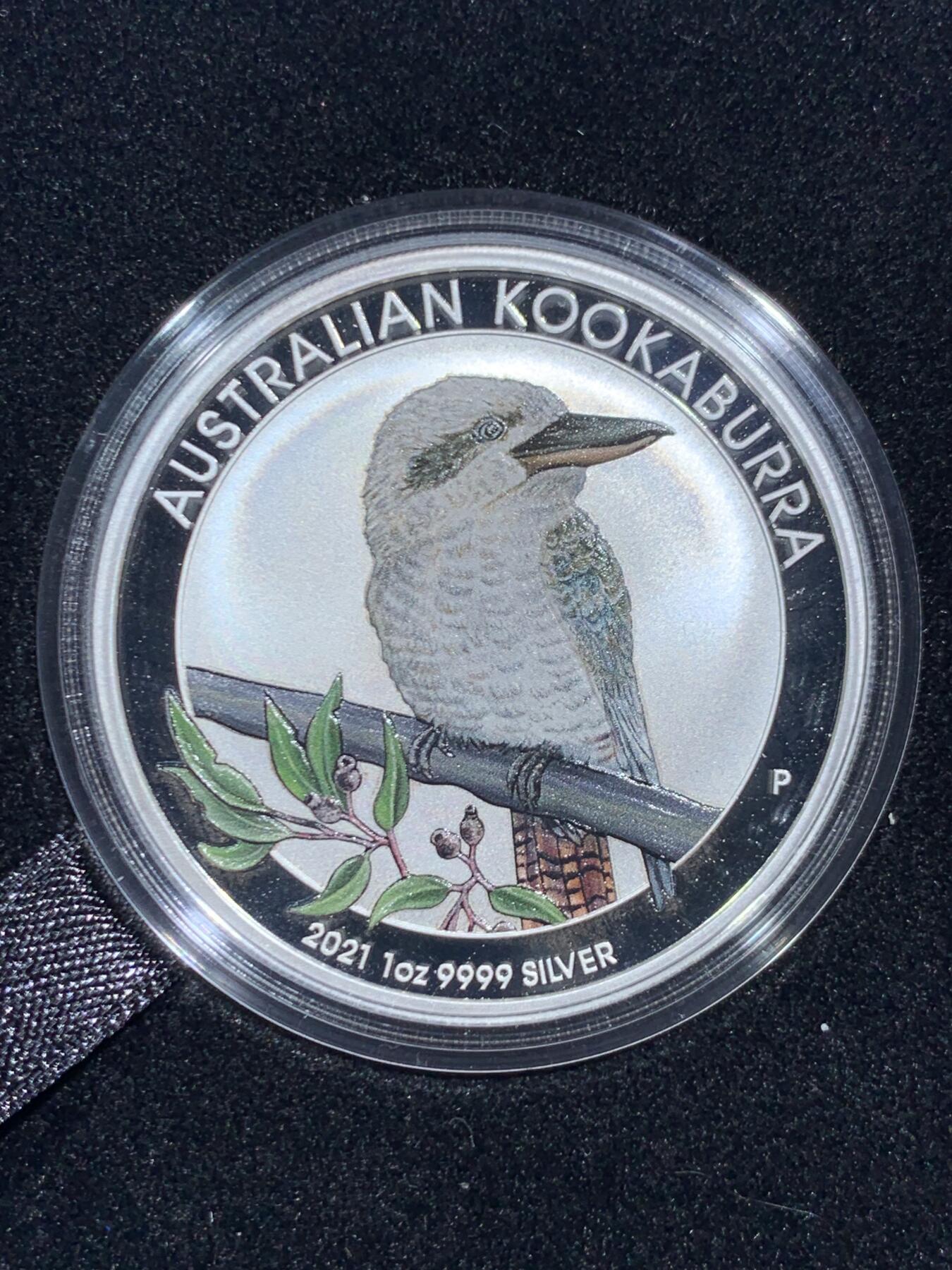 《竞宝斋》第463-465场 周日，周一，周二，3场连拍 （全场包邮）欢迎送拍 澳大利亚2021年1元彩色精制银币 笑翠鸟-柏林钱币展特制 1盎司9999银 发行量：1千5百 盒证全