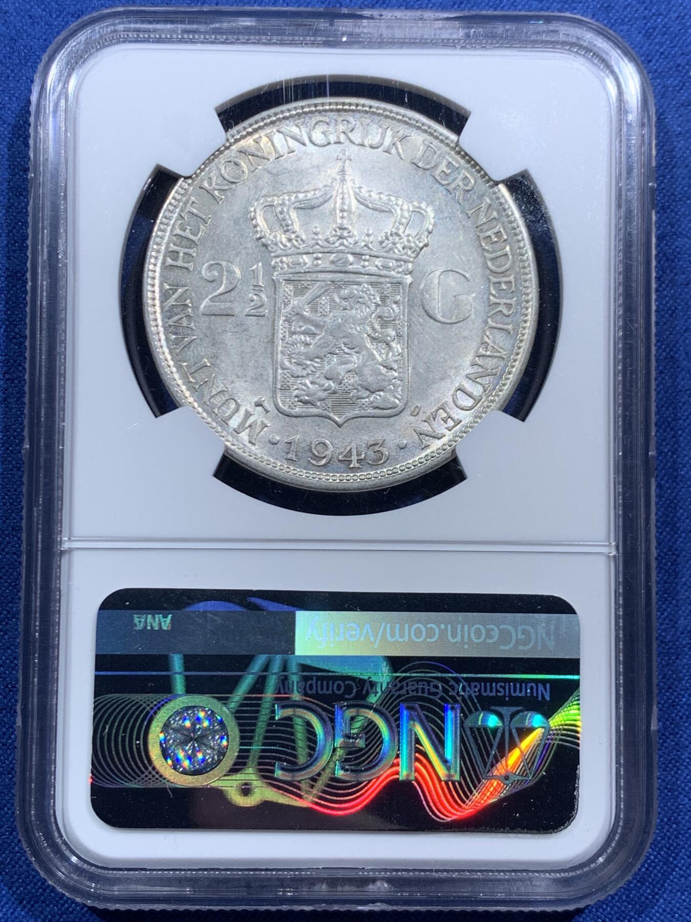 《竞宝斋》第463-465场 周日，周一，周二，3场连拍 （全场包邮）欢迎送拍 NGC MS63 荷属东印度 1943D 2.5盾大银币