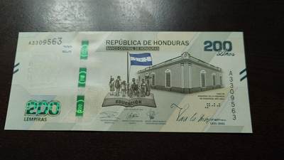 【新年十二拍】世界钱币～微拍第233期暨2026年第12期  多款老库存低价起拍 - 2021年洪都拉斯200 纪念钞全新绝品无47尾号563