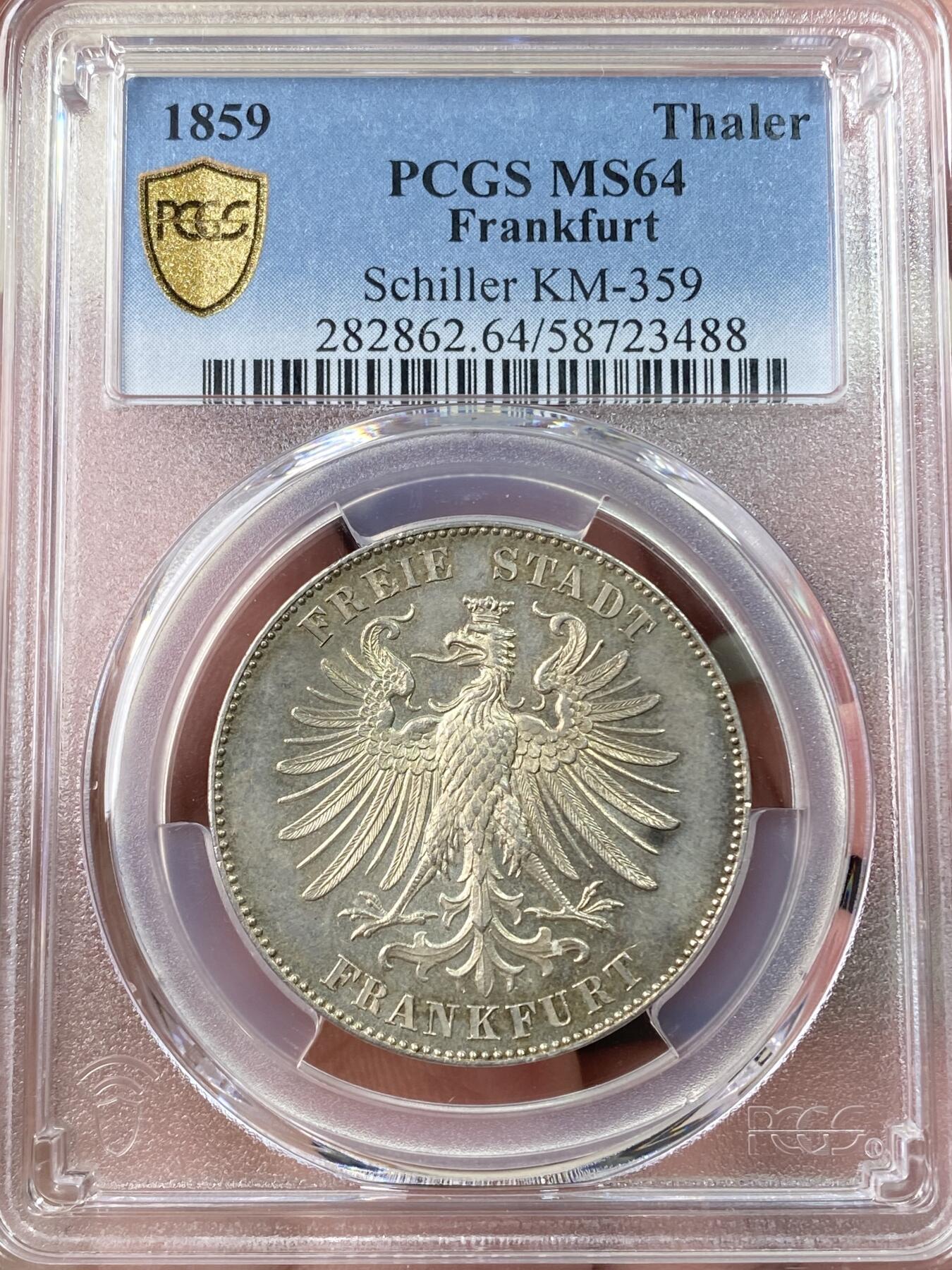 万国钱币拍卖第060期（万国六十期纪念大拍） PCGS MS64  1859德国法兰克福自由市纪念席勒诞辰百年泰勒 为纪念德国诗人弗里德里希·席勒诞辰一百周年而铸 由美因河畔法兰克福造币厂发行 双面转光香槟金彩环绕 状态出众