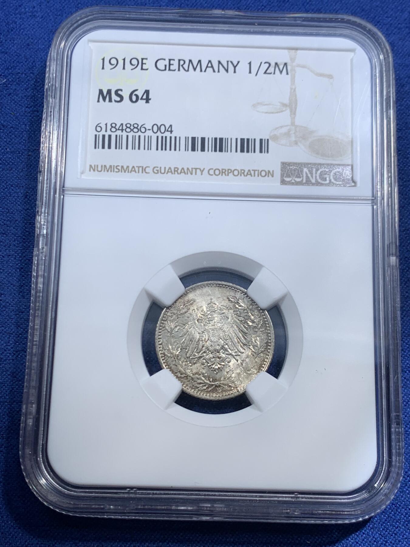 《竞宝斋》第463-465场 周日，周一，周二，3场连拍 （全场包邮）欢迎送拍 NGC MS64 德国1919年威廉二世1/2马克银币 末年高分好品 帝国马克的绝唱 值得收藏