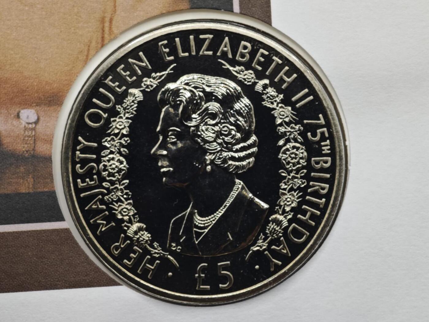 【淘币小摊】限时拍第八百六十二拍  克朗币邮币封场  满百包邮可预留两周  周一统一发货  奥尔德尼2001年女王75周岁5镑纪念币邮币封