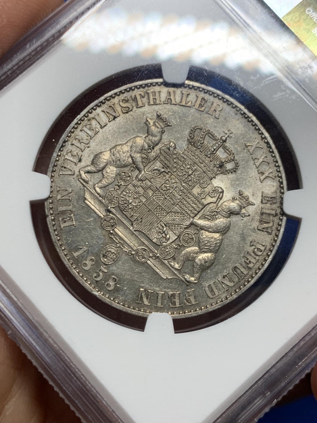 《竞宝斋》第463-465场 周日，周一，周二，3场连拍 （全场包邮）欢迎送拍 NGC MS62 德国 1858 安哈特德邵双小熊流通泰勒，首年发行，NGC亚军分，难度极大的小邦品种