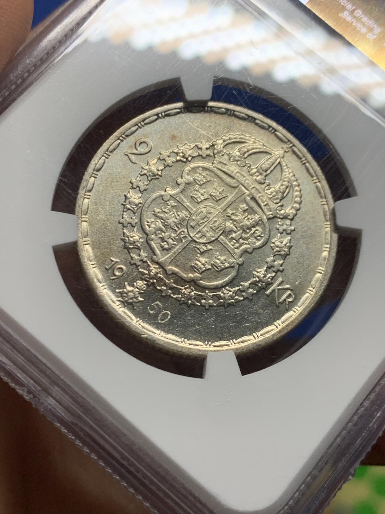 《竞宝斋》第463-465场 周日，周一，周二，3场连拍 （全场包邮）欢迎送拍 NGC MS64 瑞典 1950年 古斯塔夫五世国王 2克朗 银币