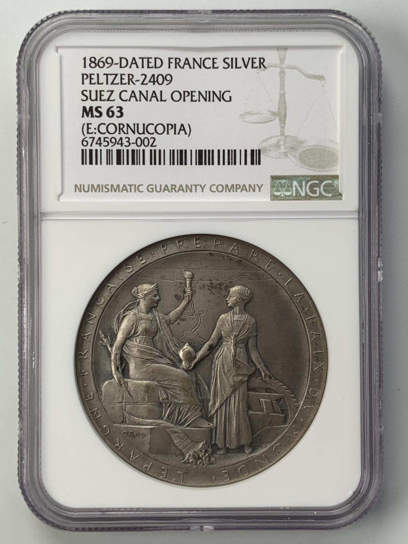 掌中浮雕-藏着的欧洲第052场 NGC MS63 : 1869年法国苏伊士运河开通纪念银章，42mm，大师罗蒂作品