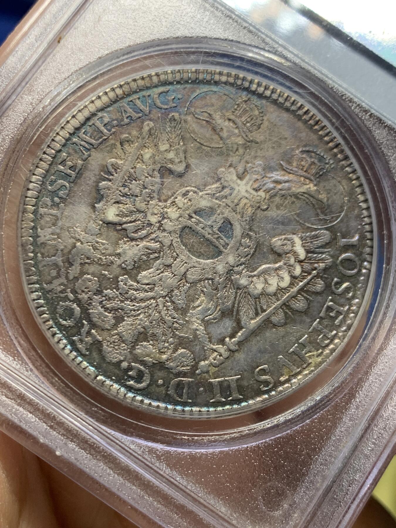 《竞宝斋》第463-465场 周日，周一，周二，3场连拍 （全场包邮）欢迎送拍 PCGS AU50 德国纽伦堡1765年双头鹰景观泰勒大银币 早期P盒 保存很不错 状态包浆同样惊人美丽
