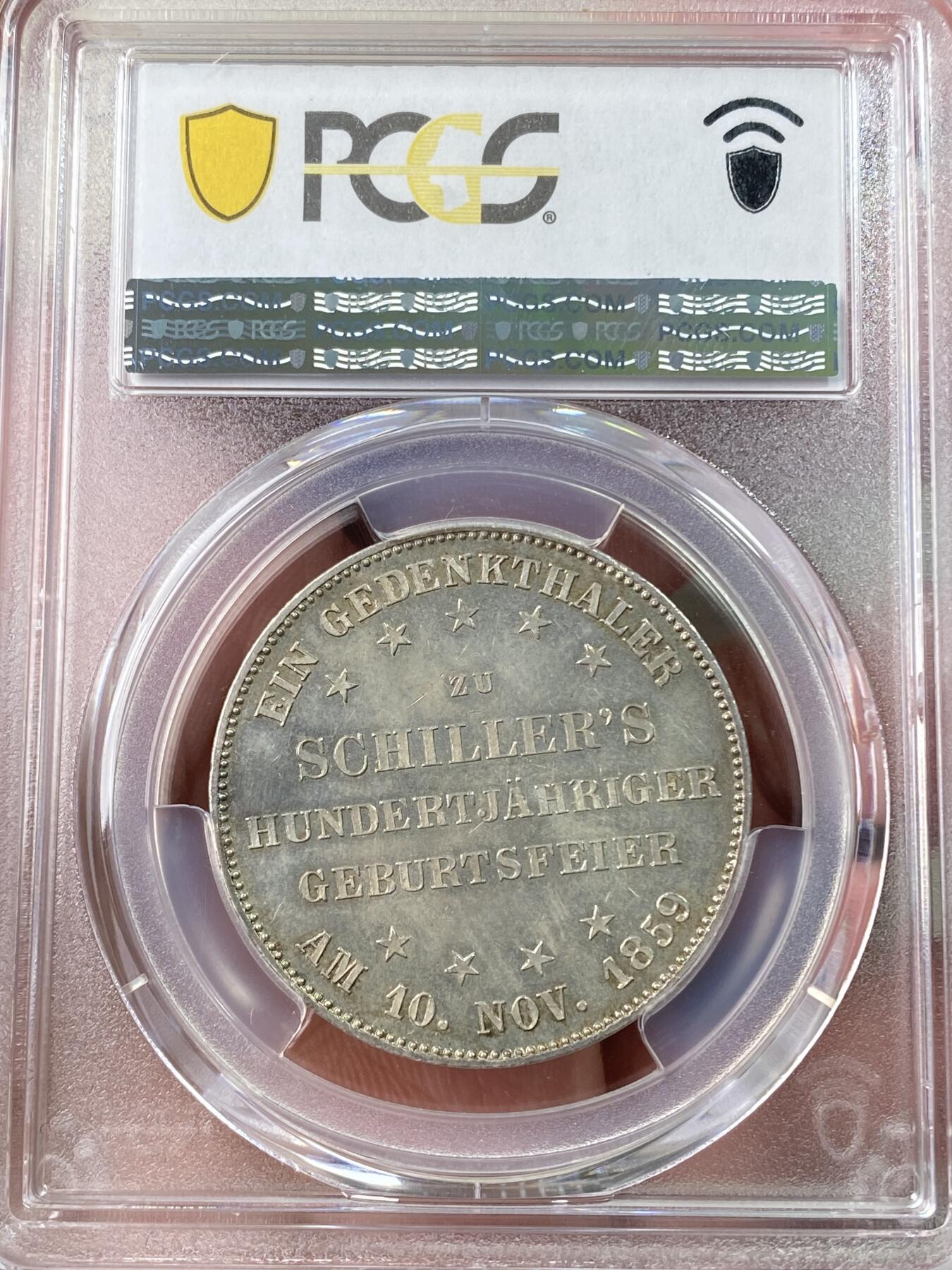 万国钱币拍卖第060期（万国六十期纪念大拍） PCGS MS64  1859德国法兰克福自由市纪念席勒诞辰百年泰勒 为纪念德国诗人弗里德里希·席勒诞辰一百周年而铸 由美因河畔法兰克福造币厂发行 双面转光香槟金彩环绕 状态出众
