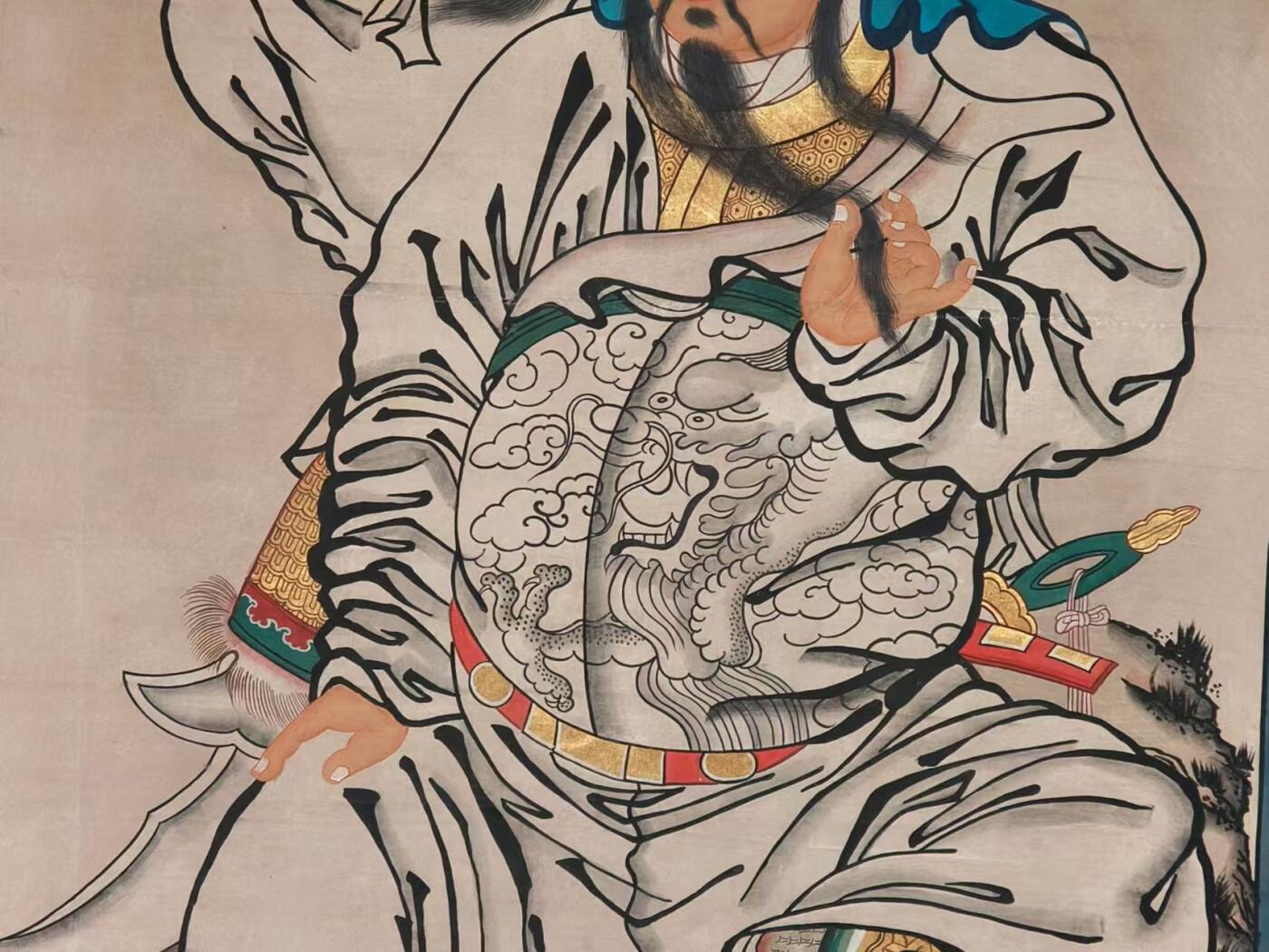 晚清民国  纯手绘老粗布  五彩描金画  关公武财神与张飞之忠義千秋 画像一张 画工精湛 人物细节描绘  栩栩如生活灵现 全品完整满工包老 值得拥有 尺寸250/120