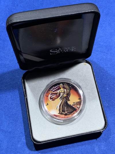 《竞宝斋》第463-465场 周日，周一，周二，3场连拍 （全场包邮）欢迎送拍 - 美国2016年1美元普制彩色镀24K金银币 火星行走-自由女神（带0.2克陨石） 1盎司999银 发行量：1千 盒证全