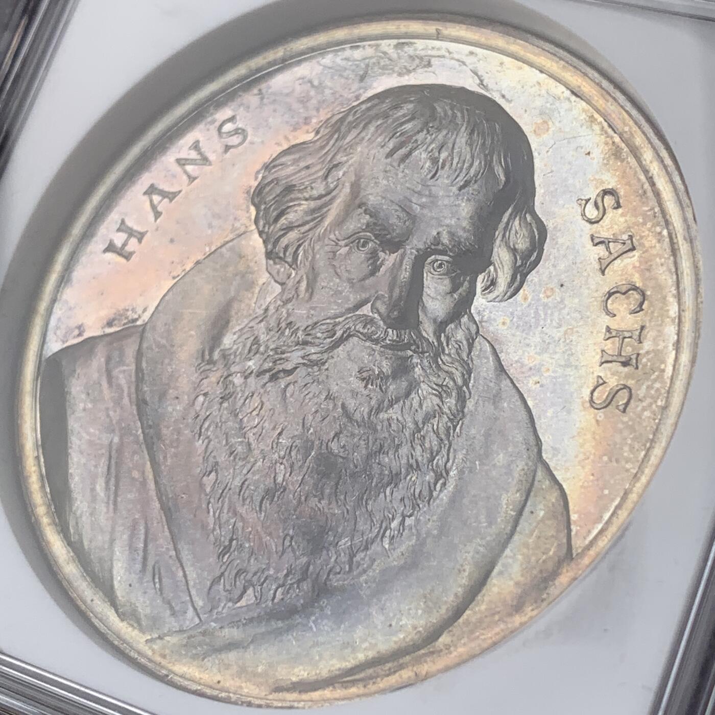 掌中浮雕-藏着的欧洲第052场 NGC MS61 : 1894年德国纽伦堡纪念汉斯·萨克斯诞辰400周年银章，45mm