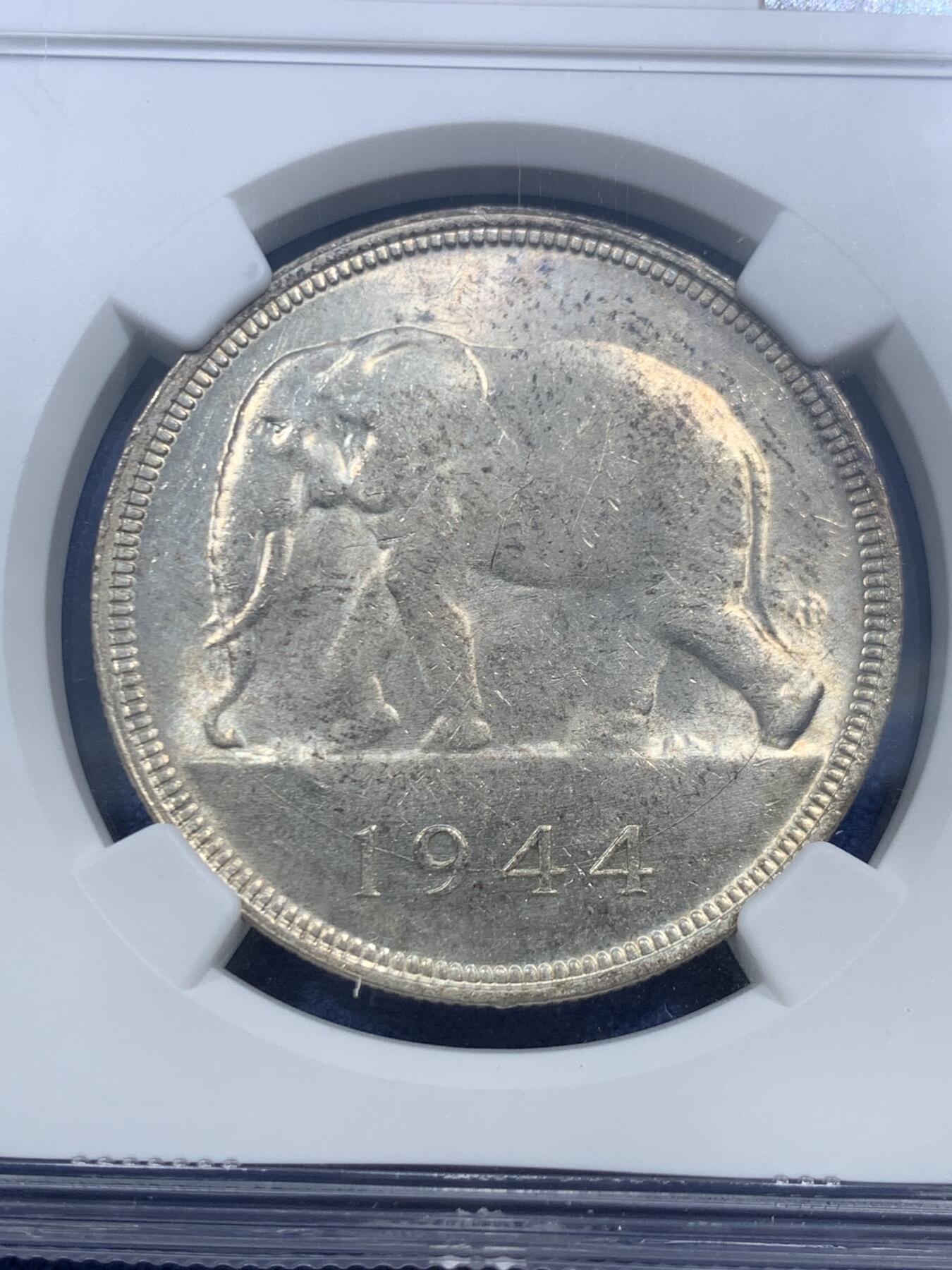 《竞宝斋》第463-465场 周日，周一，周二，3场连拍 （全场包邮）欢迎送拍 NGC MS62 比属刚果1944年大象50法郎银币 热门品种 原味自然黄油老包浆 光泽优美舒服 状态极好 威武雄壮的非洲象