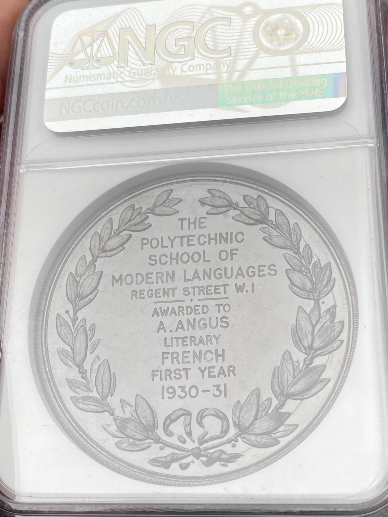 万国钱币拍卖第060期（万国六十期纪念大拍） NGC MS66 1931英国理工学院屠龙铜章 颁发给现代语言法国文学专业的A.Angus 高浮雕肉眼无瑕GEM品质