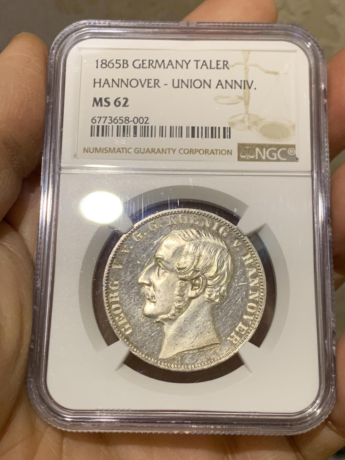 《竞宝斋》第463-465场 周日，周一，周二，3场连拍 （全场包邮）欢迎送拍 NGC MS62 德国 1865汉诺威和东弗里士兰联合50周年纪念泰勒，PL底板 发行量仅1000枚，是同系列橡树泰勒发现量的一半 非常难遇的品种