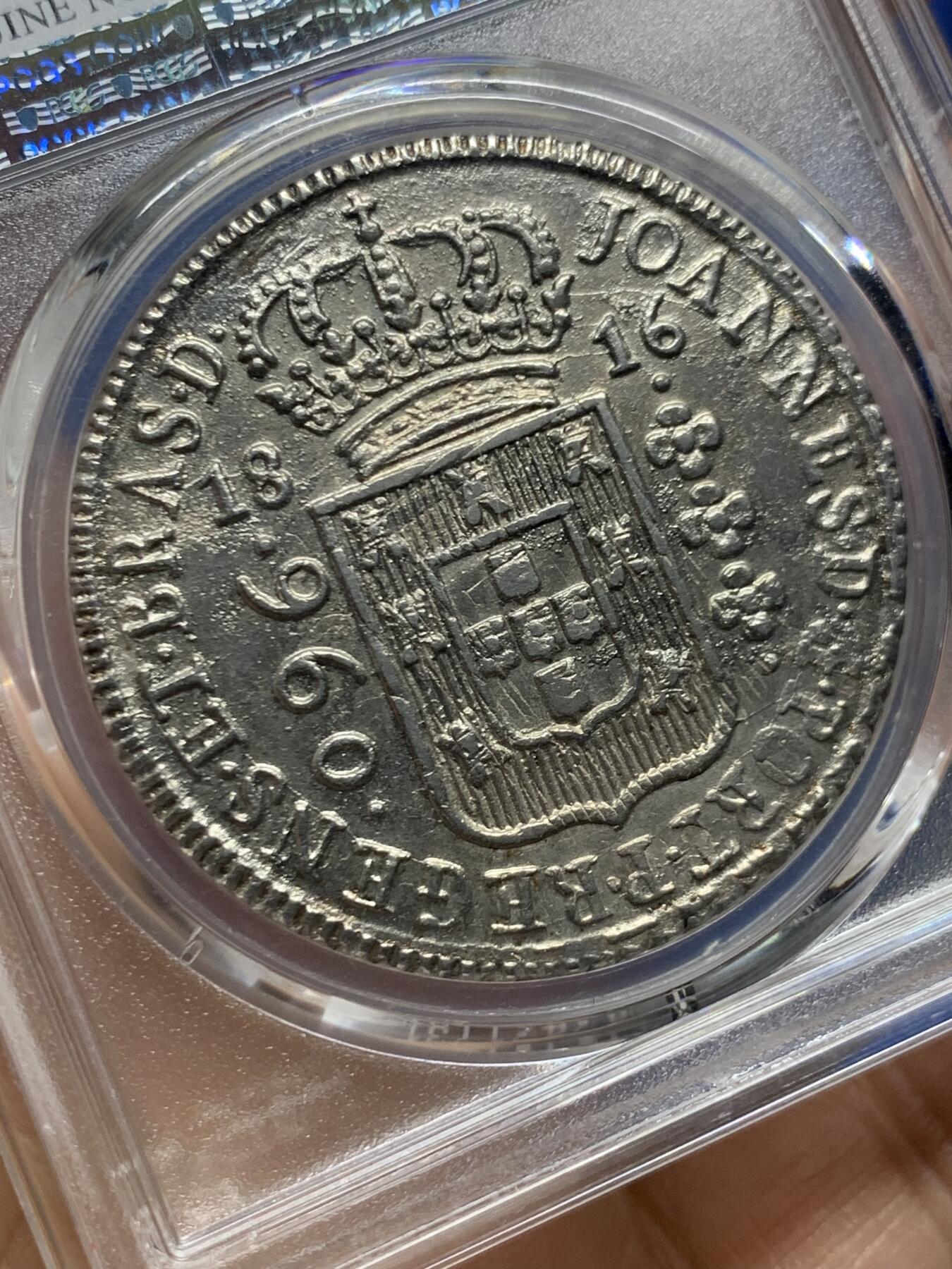 《竞宝斋》第463-465场 周日，周一，周二，3场连拍 （全场包邮）欢迎送拍 PCGS AUD 巴西1816年960R大银币，细节保存的很不错