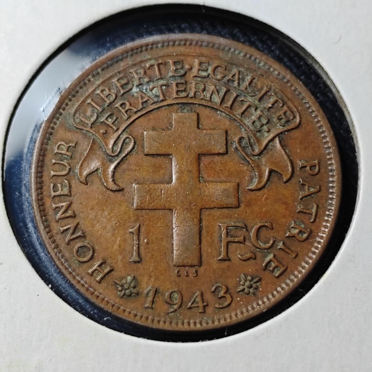 KK钱币收藏小铺  第398期 百期特拍（四拍之二） 2月预留时间 周末发货  1943法属马达加斯加1法郎小公鸡铜币