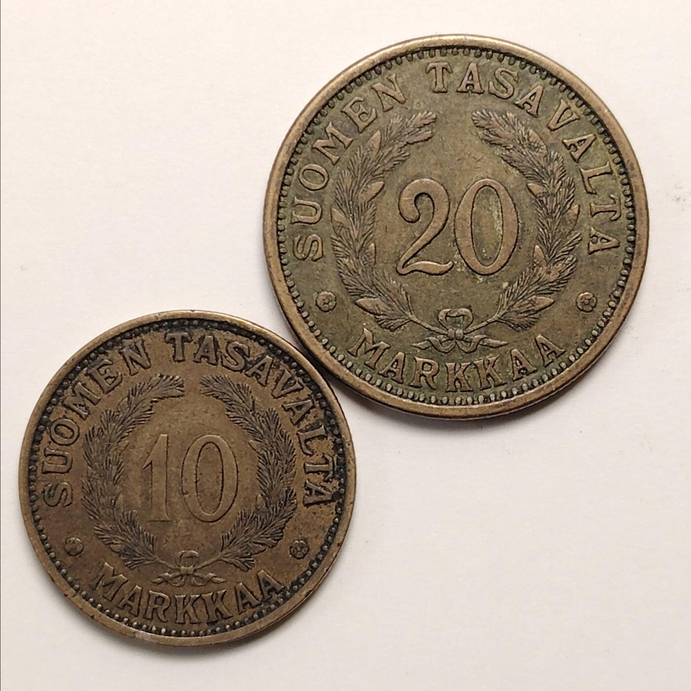 布加迪🐬～世界钱币(上海)🌾第 273 期 /  各国套币和散币 芬兰🇫🇮 1932/1938年 10/20马克铜币2枚 ~C18