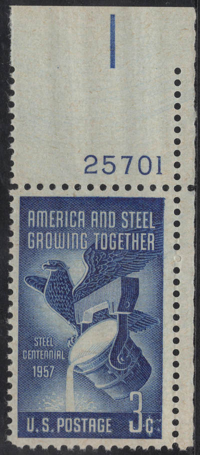 洪涛臻品批发群 精选邮票限时拍卖第1244期  - 1957美国钢铁业百年-鹰与炼钢炉1全新 角边版号！ 雕刻版原胶全品！